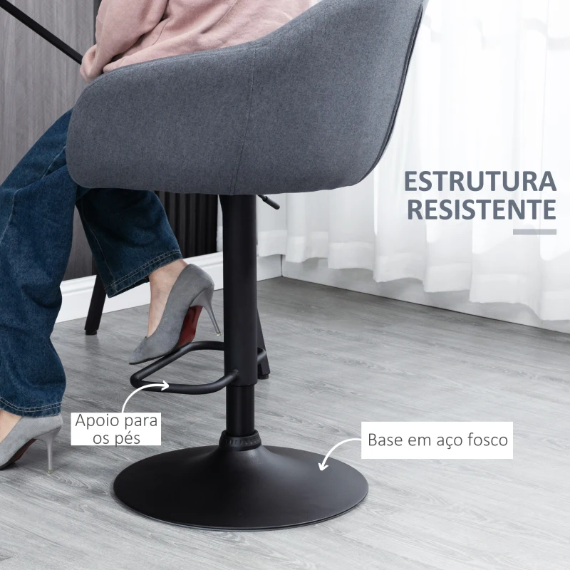 HOMCOM Banco Alto de Cozinha com Altura Ajustável Banco de Bar Estofado com Apoio para o Pés 54x54x92-112 cm Cinza Escuro