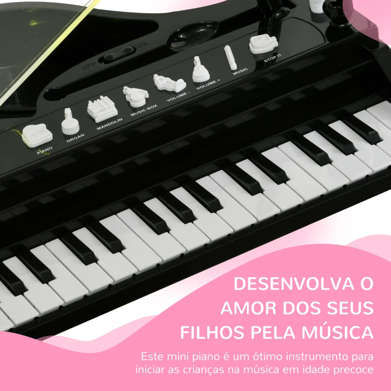 AIYAPLAY Piano Eletrónico para Crianças com 32 Teclas Microfone banco Luzes 22 Músicas 4 Tons e Volume Ajustável 37x30,5x60,4 cm Preto