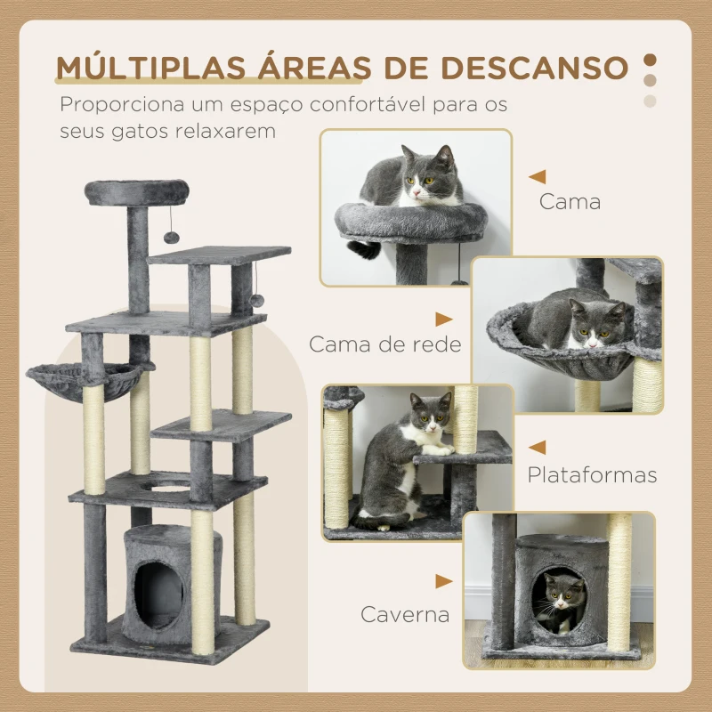 PawHut Arranhador para Gatos com Poste de Arranhar de Sisal Cama Caverna Plataformas e Bolas Suspensas 49x49x144 cm Cinza