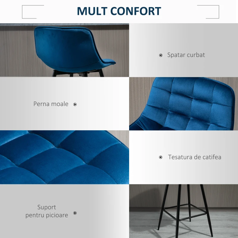 Homcom Set 2 Scaune Bar – Nordic, Catifea Albastra & Confort Sporit