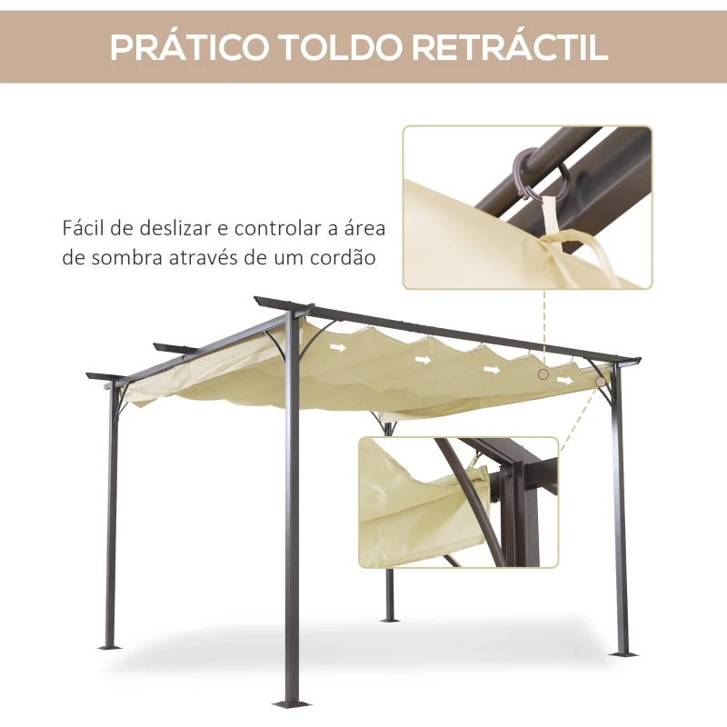 Outsunny Pérgola de Metal 3,5x3,5m Pérgola para Jardimcom Teto Retrátil Tecido Poliéster Resistente à Água e Raios UV Bege e Preto