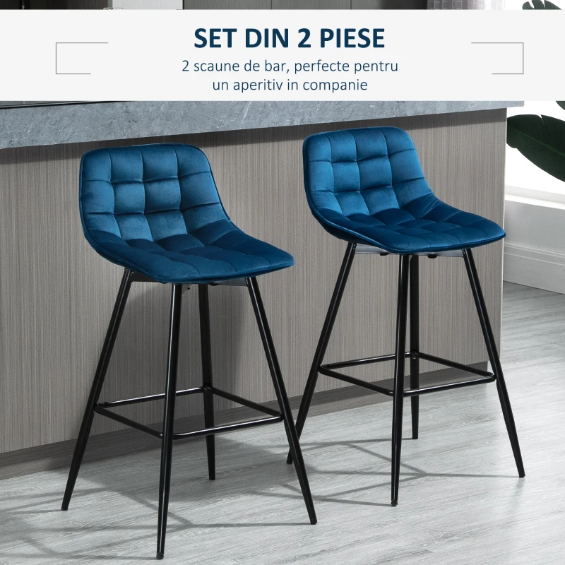 Homcom Set 2 Scaune Bar – Nordic, Catifea Albastra & Confort Sporit