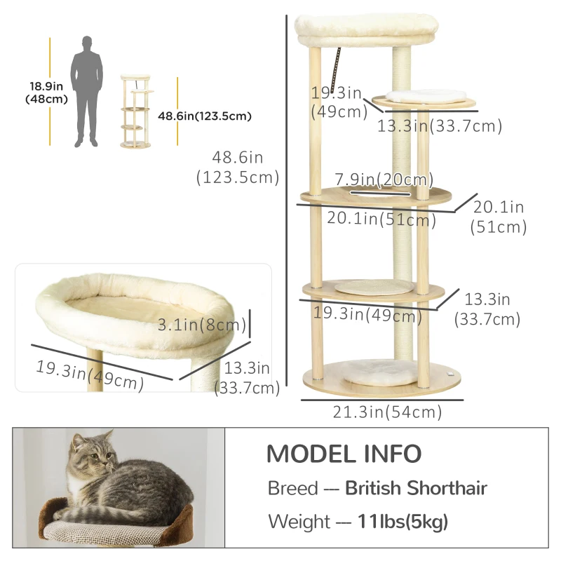 PawHut Ansamblu pentru pisici din PAL si lemn de pin cu stalp de zgariat pentru pisici din sisal, pat pentru pisici si stinghie de plus si bumbac PP, Ø54x123,5 cm, culoare stejar