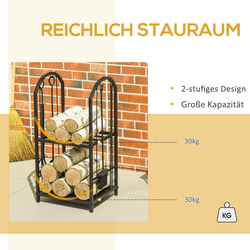Stojak na drewno kominkowe Outsunny regał na drewno opałowe z 4 dodatkowymi przyborami do kominka przybory kominkowe 2-poziomowa konstrukcja regał na drewno opałowe metal przybory kominkowe kolor czarny 41,5 x 32,5 x 74,5 cm