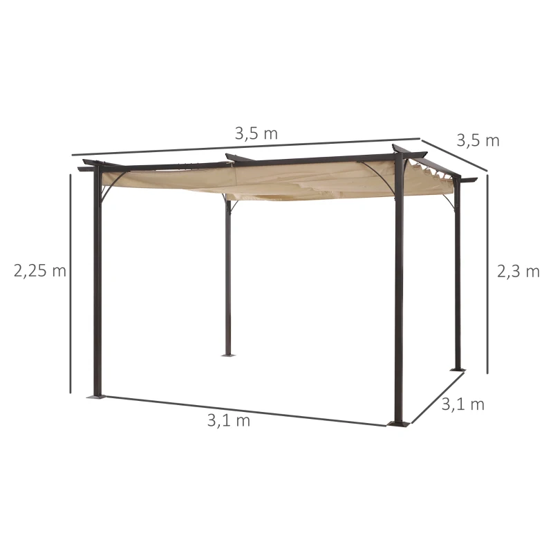 Outsunny Pérgola de Metal 3,5x3,5m Pérgola para Jardimcom Teto Retrátil Tecido Poliéster Resistente à Água e Raios UV Bege e Preto