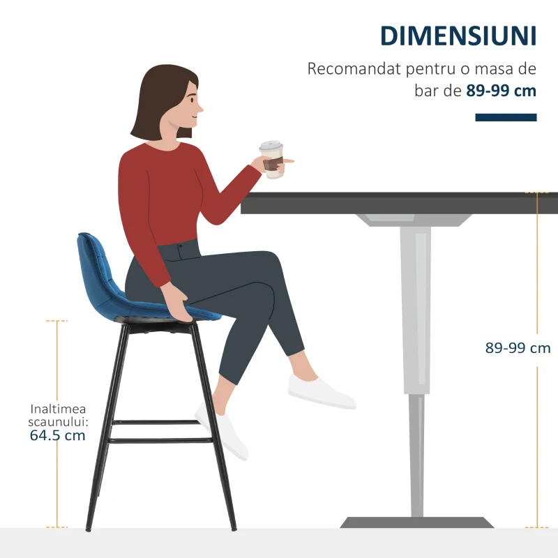 Homcom Set 2 Scaune Bar – Nordic, Catifea Albastra & Confort Sporit