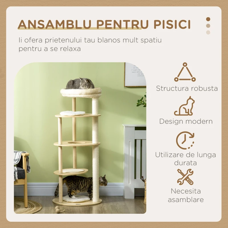 PawHut Ansamblu pentru pisici din PAL si lemn de pin cu stalp de zgariat pentru pisici din sisal, pat pentru pisici si stinghie de plus si bumbac PP, Ø54x123,5 cm, culoare stejar