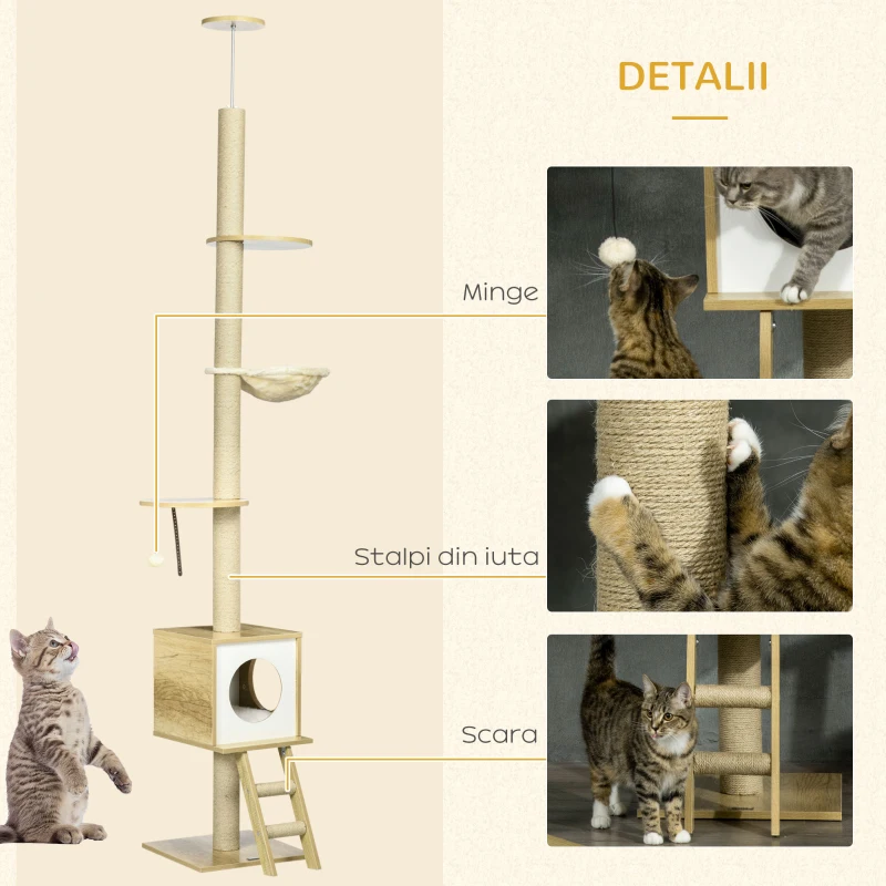 PawHut Ansamblu pentru pisici din PAL reglabil in inaltime cu stalp de zgariat pentru pisici, hamac pentru pisici si minge de joaca, 40x40x225-285cm