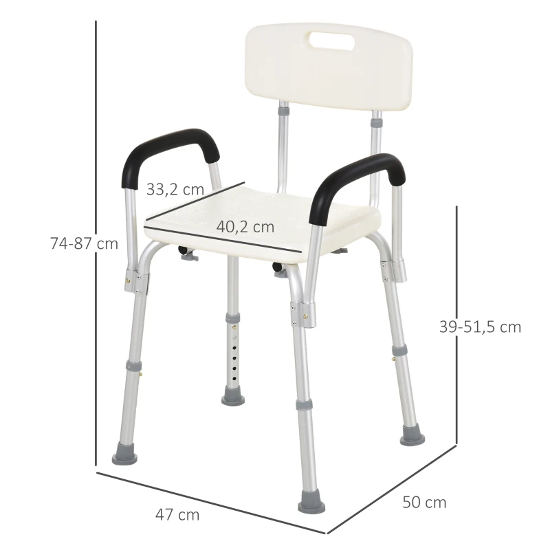 HOMCOM Cadeira para Duche Antiderrapante com Altura Ajustável 47x50x87 cm Branco