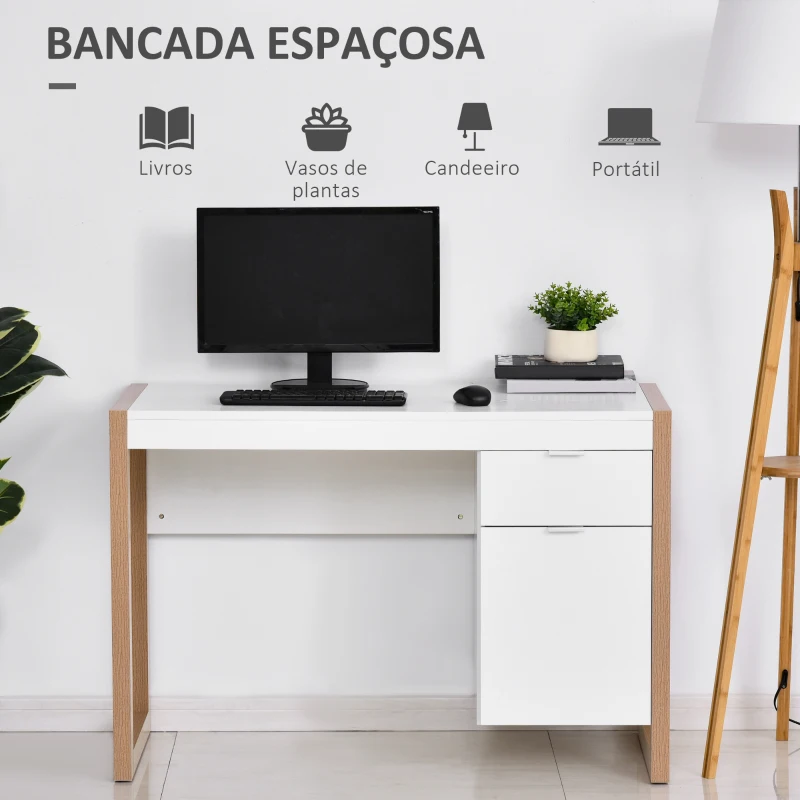 HOMCOM Mesa de Computador com Gaveta Armário Pés em Forma Retangular112,5x50x75,5 cm Branco e Madeira