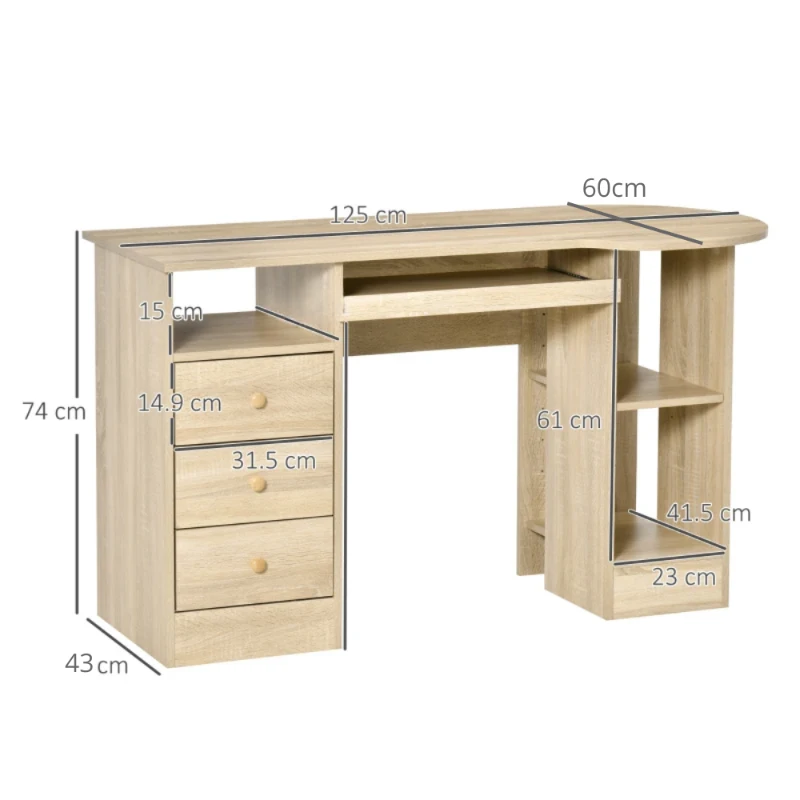HOMCOM Birou PC pentru Birou cu Rafturi, Sertare si Polita Superioara din Lemn, 125x60x74 cm(m-3)