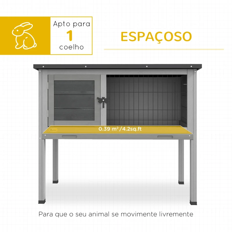 PawHut Coelheira de Madeira para Animais Pequenos com Bandeja Amovível e Teto Asfáltico 84x43x70 cm Cinza e Preto
