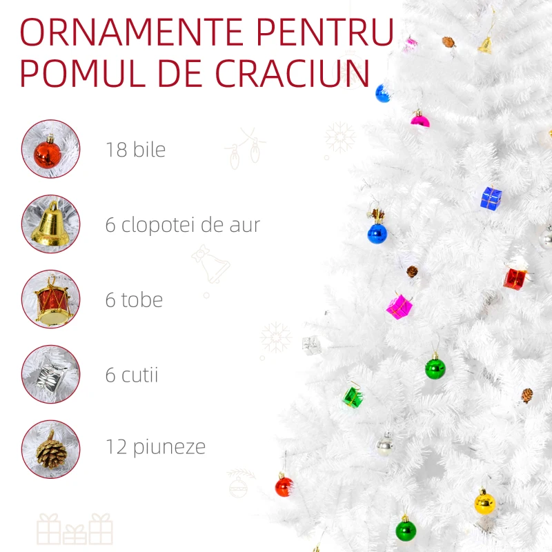 HOMCOM Brad de Crăciun 180 cm con 930 Ramuri Împodobit, Alb