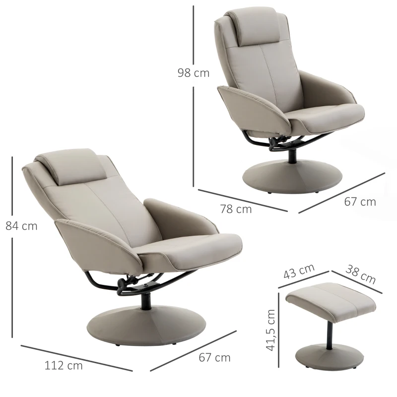 HOMCOM Poltrona Relax Reclinável até 145° com Banco de Apoio para os Pés Poltrona Giratória 360° Estofada em PU e Estrutura de Aço 78x67x98cm Cinza