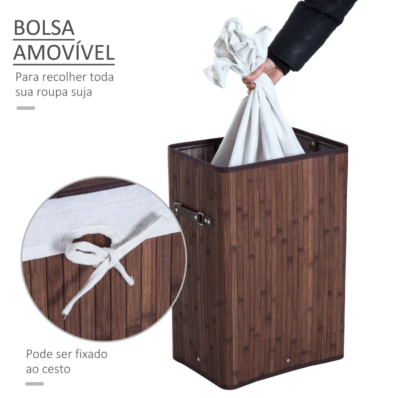 HOMCOM Cesto de Roupa de Bambu Dobrável Cesto para Roupa Suja 70L com Tampa e Bolsa Amovível 40x30x60 cm Bambu