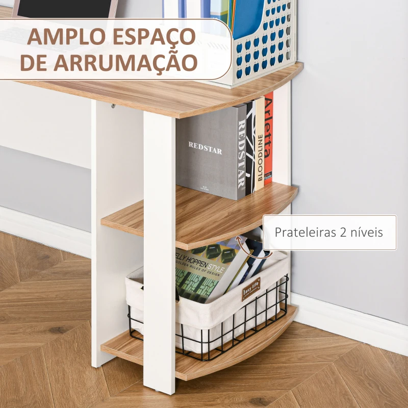 HOMCOM Secretária de Canto Mesa de Computador para Escritório Casa em Forma de L com Prateleiras 136x130x72 cm Branco e Madeira