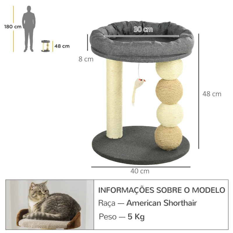 PawHut Arranhador para Gatos Pequeno Centro de Atividades para Gatos com Cama 4 Bolas e Postes de Sisal Ø40x48 cm Cinza e Bege