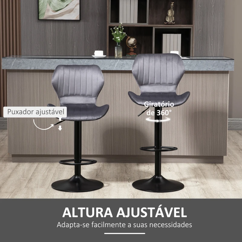 HOMCOM Conjunto de 2 Bancos Bar Giratórios e Ajustáveis em Altura Banco Alto Veludo com Encosto 47x51.5x94-114cm Cinza