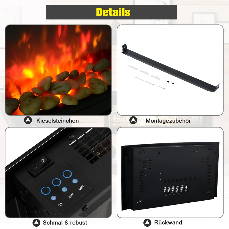 HOMCOM KOMINEK ELEKTRYCZNY LED 900/1800 W czarny żwir