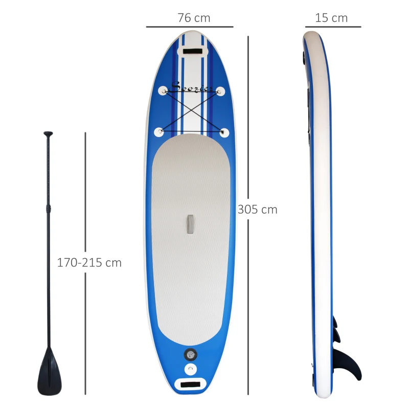 HOMCOM Prancha de Paddle Surf com Remo Ajustável 3 Aletas Kit de Reparação e Bolsa de Transporte 305x76x15 cm Azul