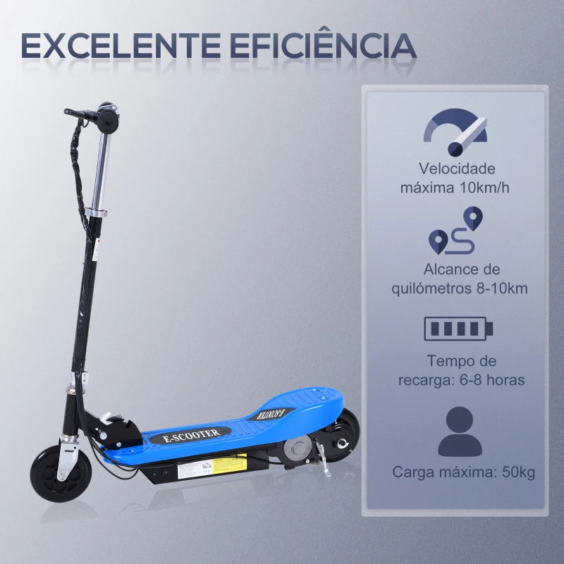 HOMCOM Trotinete Elétrica Dobrável para Crianças e Adolescentes acima de 7 Anos Velocidade de 10km/h Trotinete Elétrica com Guiador Ajustável e Freios Carga Máxima 50kg 78x37x89-95cm Azul