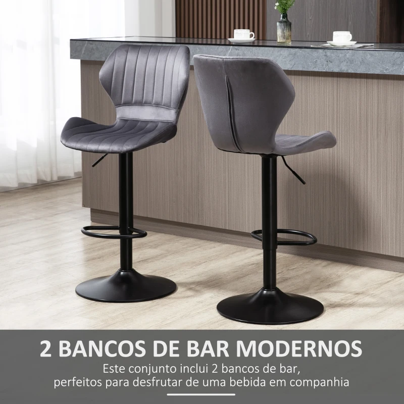 HOMCOM Conjunto de 2 Bancos Bar Giratórios e Ajustáveis em Altura Banco Alto Veludo com Encosto 47x51.5x94-114cm Cinza