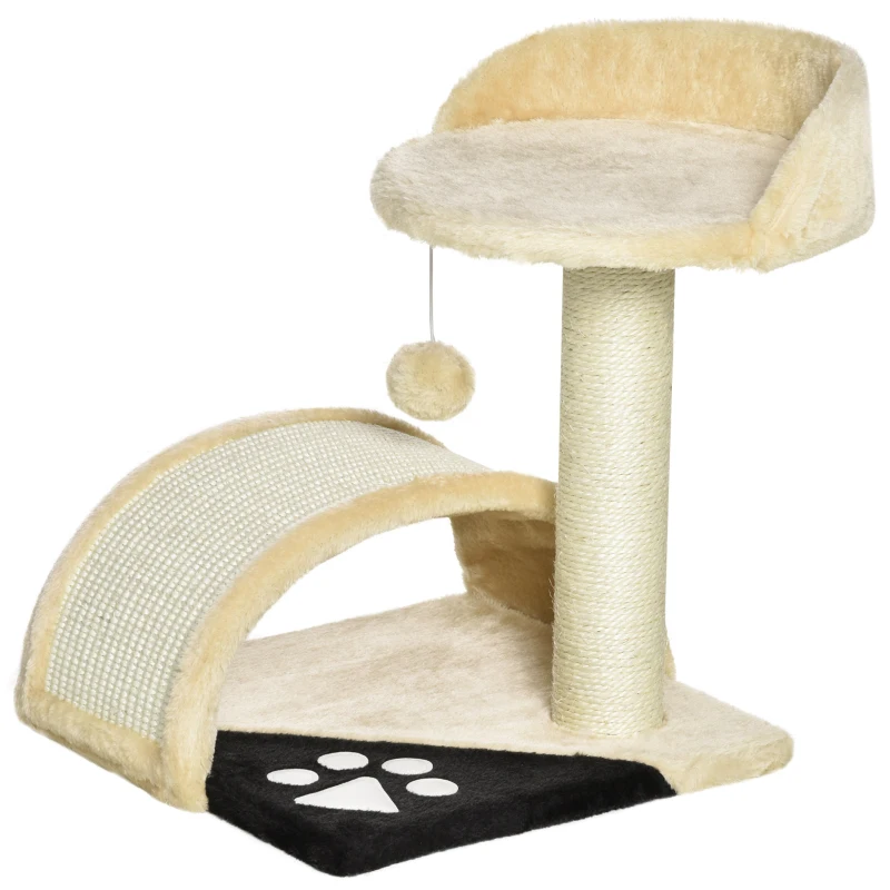 PawHut Árvore Arranhador para Gatos de 2 Níveis com Poste e Tapete de Arranhar Cama e Bola Suspensa 35,5x37x46 cm Bege