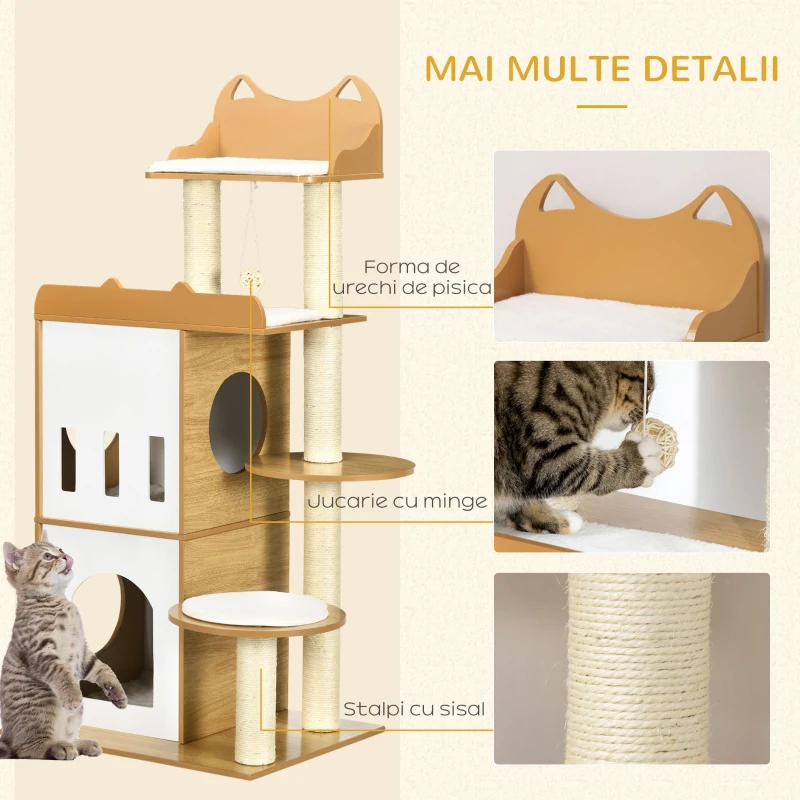 PawHut Ansamblul pentru pisici MDF cu stalpi de zgariat din sisal, 2 casute pentru pisici, platforme si minge de joaca, 60x48x133 cm, alb si stejar