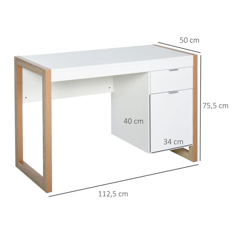 HOMCOM Mesa de Computador com Gaveta Armário Pés em Forma Retangular112,5x50x75,5 cm Branco e Madeira