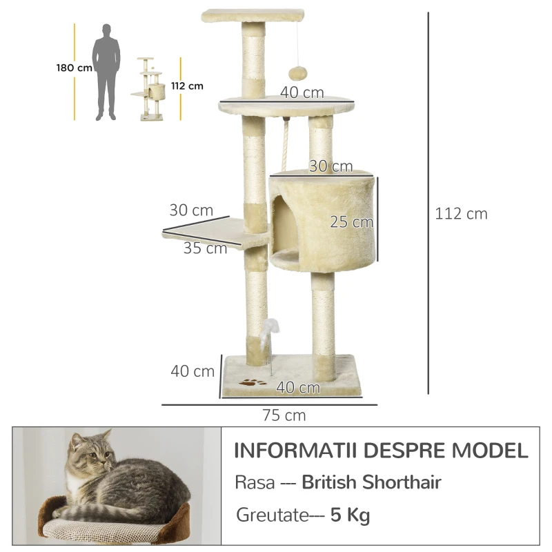 PawHut ansamblu de joaca pentru pisici, 75x40x112 cm, bej
