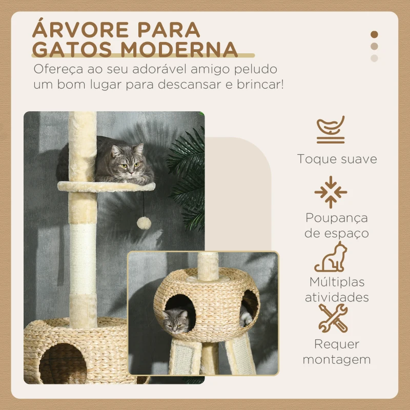 PawHut Arranhador para Gatos do Chão ao Teto de 225-255 cm com Caverna Plataformas Rede Postes de Arranhar Ø48x225-255 cm Bege