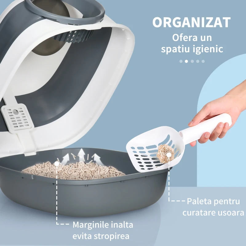 PawHut Litier pentru pisici 5 kg max cu paleta si deodorant incluse, design si maner pliabil, PP si ABS, 52x41x38 cm, alb si gri