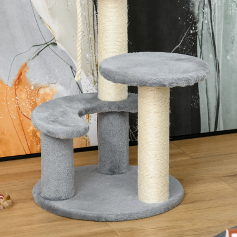 PawHut Árvore Arranhador para Gatos Ø40x65 cm com Cama Plataformas em Pelúcia Corda Suspensa e Poste com Corda de Sisal Cinza