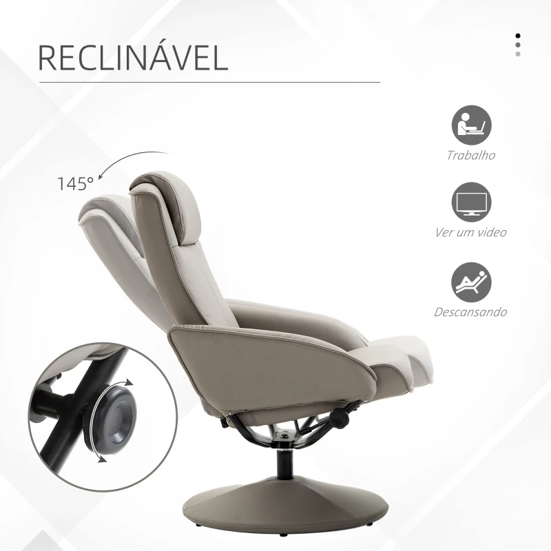 HOMCOM Poltrona Relax Reclinável até 145° com Banco de Apoio para os Pés Poltrona Giratória 360° Estofada em PU e Estrutura de Aço 78x67x98cm Cinza