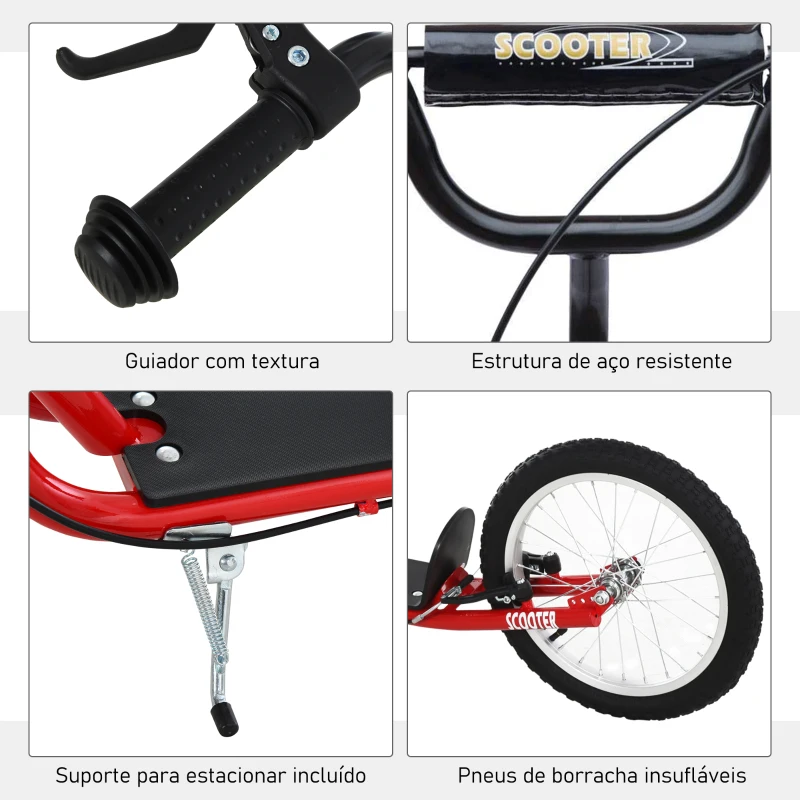 HOMCOM Trotinete com Guiador Ajustável 2 Pneus de Borracha Insufláveis com Travagem Dupla e Rodas 16" 139x58x90-96 cm Vermelho