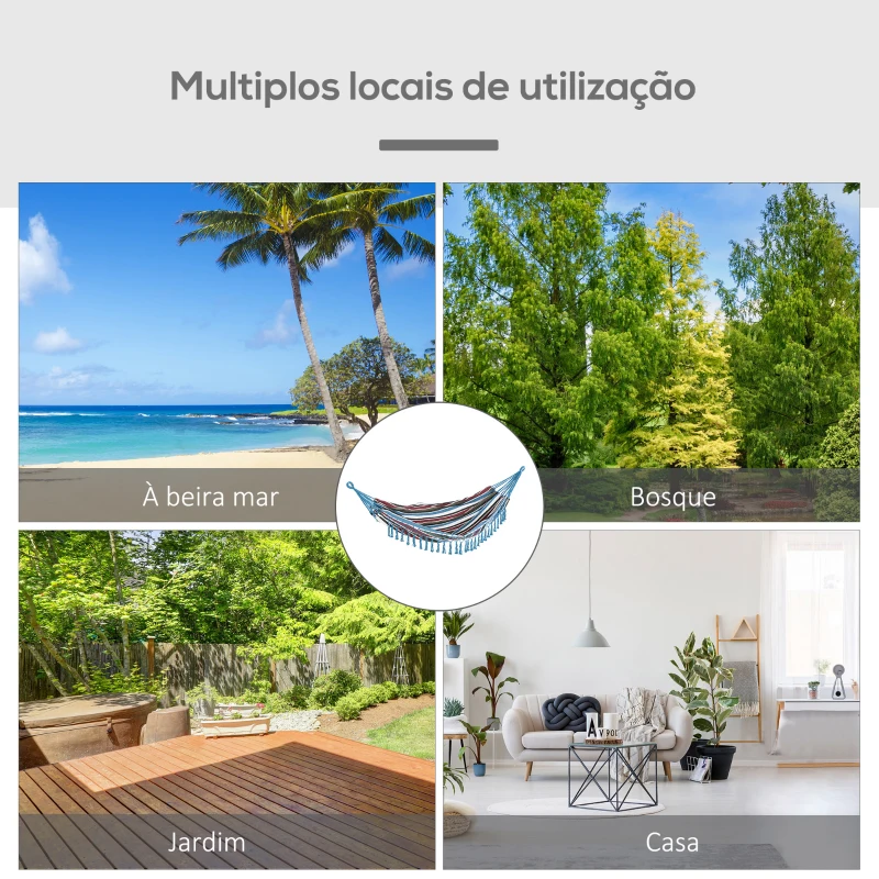Outsunny Cama de Rede Dupla Portátil de Algodão 285x150cm com Bolsa de Transporte para Exterior Pátio Jardim Praia Campismo Carga Máxima 180kg Multicor