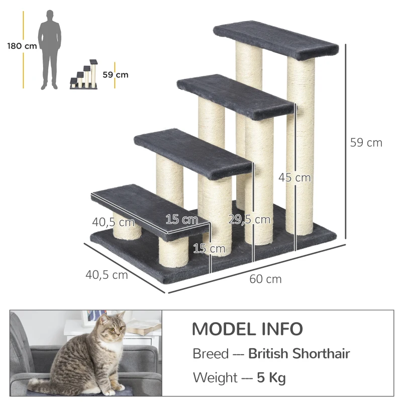PawHut  Escadas para animais de estimação 60x42x61 cm Escadas para gatos pequenos cães mais velhos cobertura macia arranhador estável 4 degraus cinza