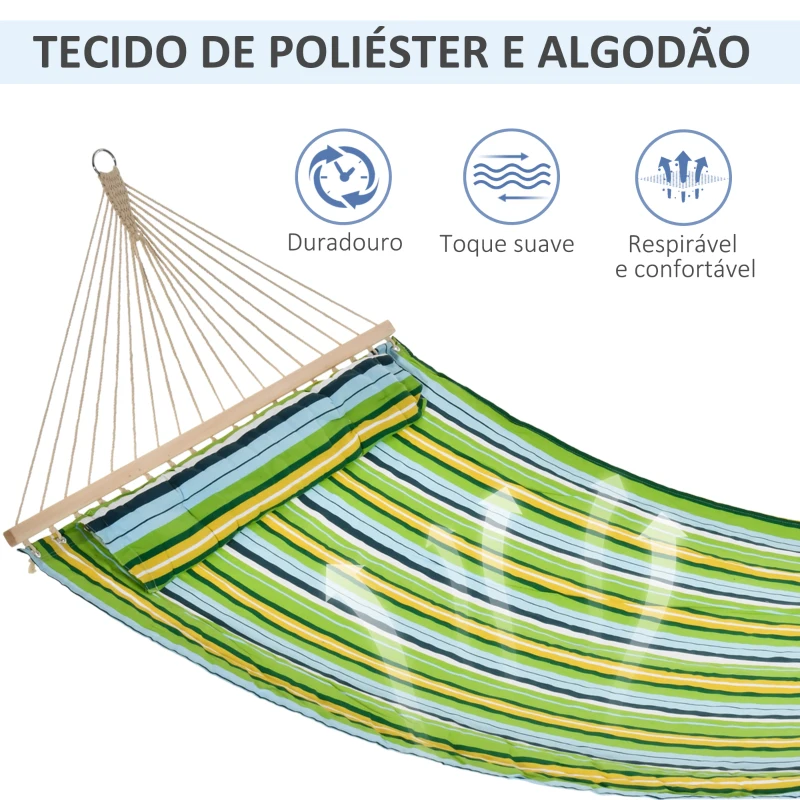 Outsunny Cama Rede Suspensa de Jardim para 2 Pessoas Cama Rede para Campismo com Almofada Carga Máxima 180kg 210x140cm Azul Verde