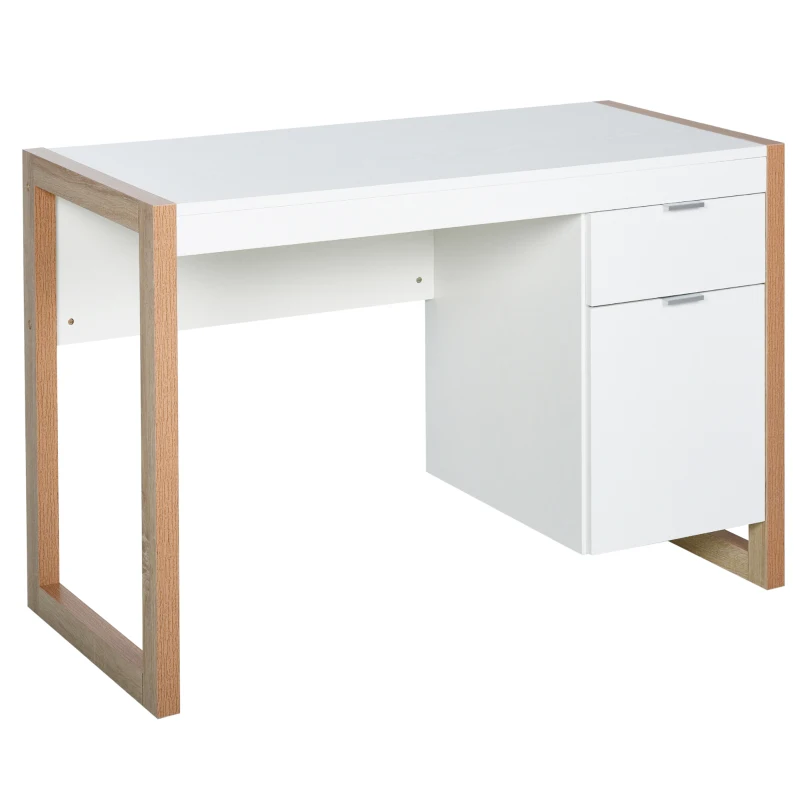 HOMCOM Mesa de Computador com Gaveta Armário Pés em Forma Retangular112,5x50x75,5 cm Branco e Madeira