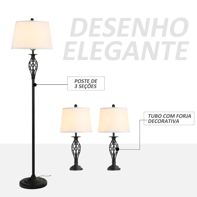 HOMCOM Conjunto de 2 Candeeiros de Mesa e Candeeiro de Pé com Ecrã de Tecido E27 Máx. 40W IP20 Ø38x158 cm e Ø30x62 cm Branco