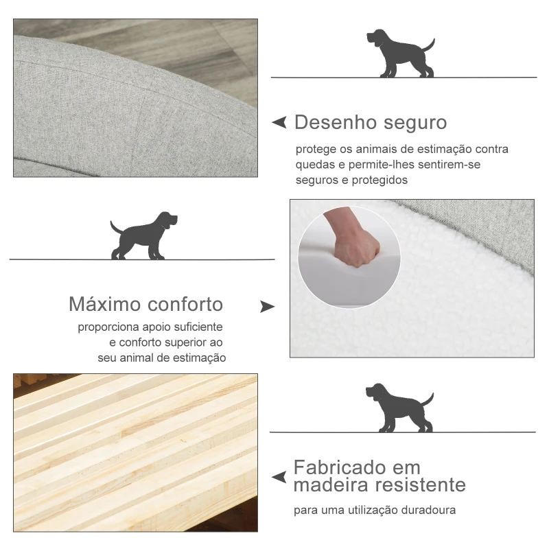 PawHut Sofá Cama para Animais de Estimação com Almofada Acolchoada Amovível Pernas de Madeira Bordas Elevadas 81x61x24 cm Cinza