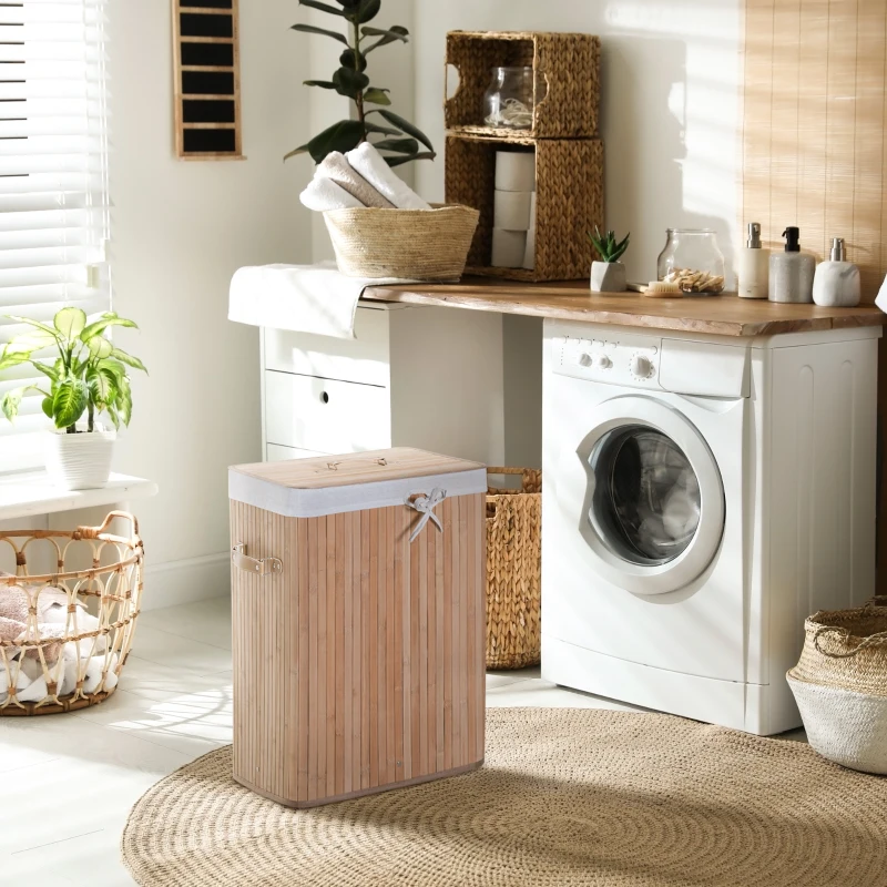 HOMCOM Cesto de Roupa de Bambu Dobrável Cesto para Roupa Suja com Tampa e Bolsa Amovível 40x30x60 cm Bambu