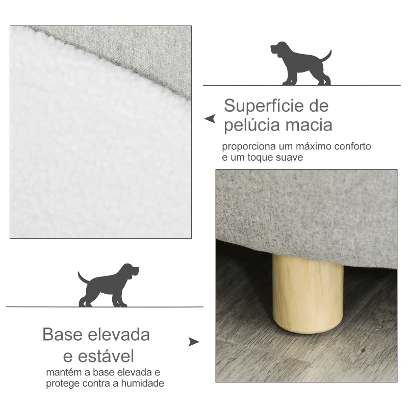 PawHut Sofá Cama para Animais de Estimação com Almofada Acolchoada Amovível Pernas de Madeira Bordas Elevadas 81x61x24 cm Cinza