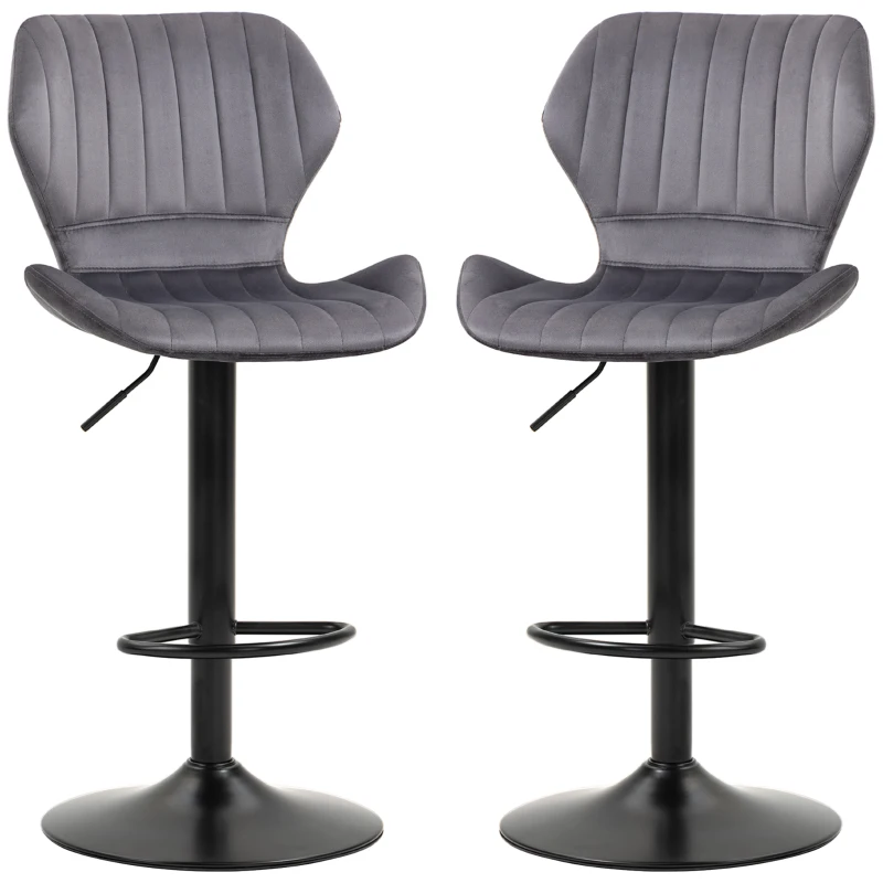 HOMCOM Conjunto de 2 Bancos Bar Giratórios e Ajustáveis em Altura Banco Alto Veludo com Encosto 47x51.5x94-114cm Cinza