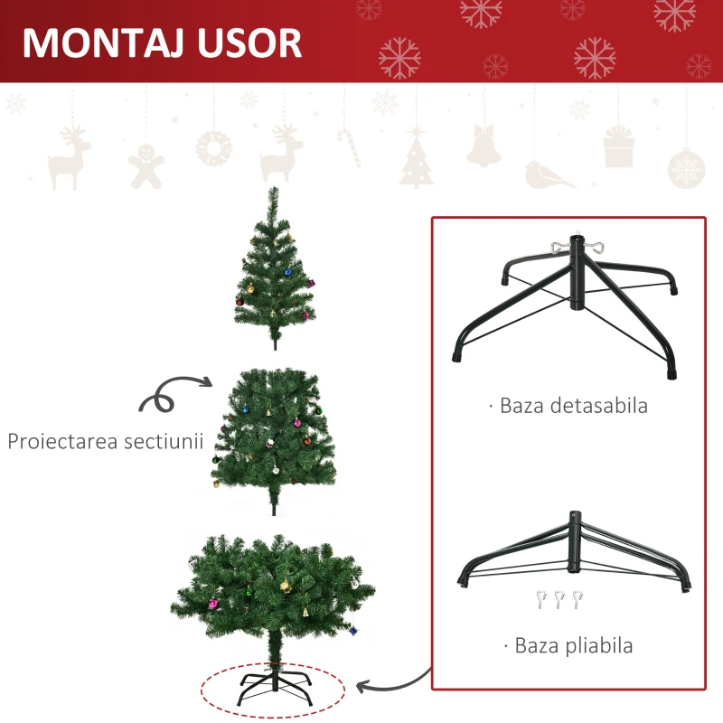 HOMCOM Brad de Crăciun 180 cm cu Globuri și Decorațiuni din PVC, Fier