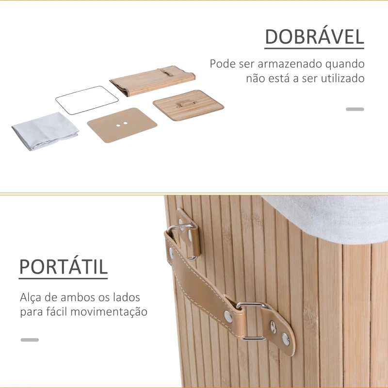 HOMCOM Cesto de Roupa de Bambu Dobrável Cesto para Roupa Suja com Tampa e Bolsa Amovível 40x30x60 cm Bambu