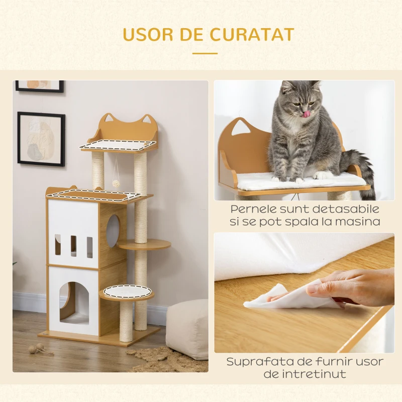PawHut Ansamblul pentru pisici MDF cu stalpi de zgariat din sisal, 2 casute pentru pisici, platforme si minge de joaca, 60x48x133 cm, alb si stejar