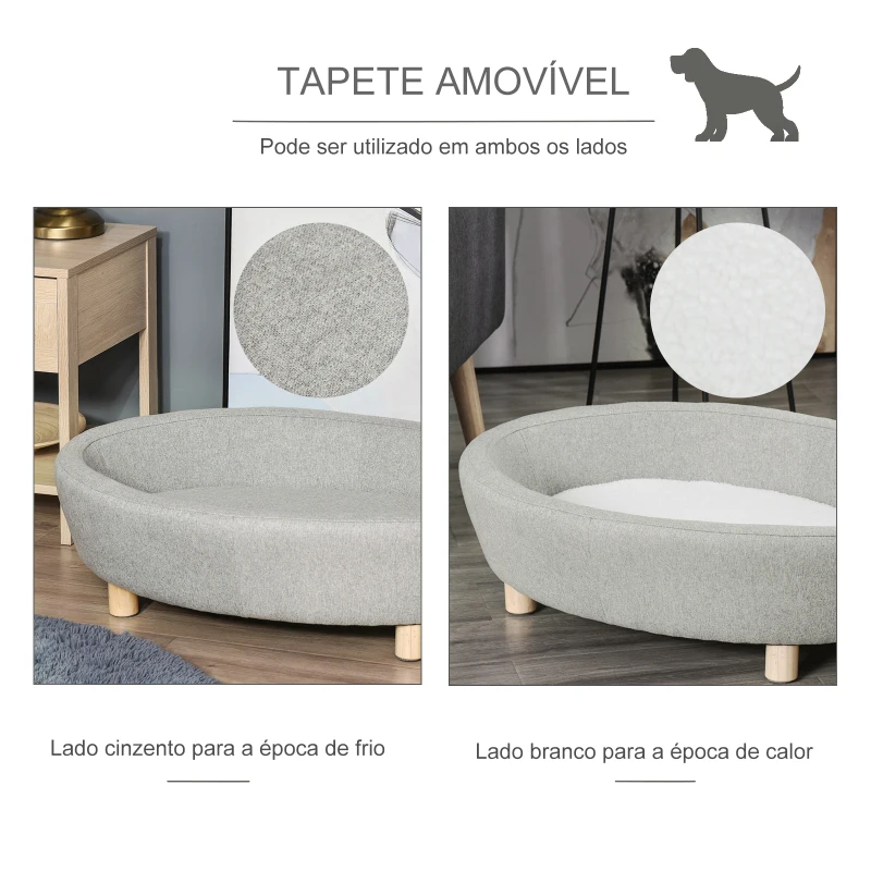 PawHut Sofá Cama para Animais de Estimação com Almofada Acolchoada Amovível Pernas de Madeira Bordas Elevadas 81x61x24 cm Cinza