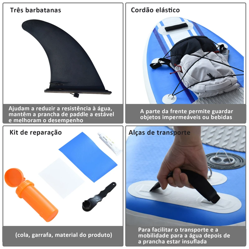 HOMCOM Prancha de Paddle Surf com Remo Ajustável 3 Aletas Kit de Reparação e Bolsa de Transporte 305x76x15 cm Azul