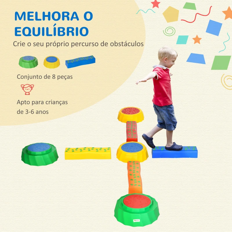 Outsunny Conjunto de 8 Traves de Equilíbrio para Crianças Degraus de Equilíbrio com Almofadas Antiderrapantes 45,5x11,5x8cm Multicor